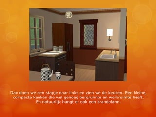 Dan doen we een stapje naar links en zien we de keuken. Een kleine, compacte keuken die wel genoeg bergruimte en werkruimte heeft. En natuurlijk hangt er ook een brandalarm.