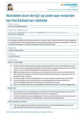 Arteveldehogeschool –Educatieve bacheloropleidingvoorlageronderwijs
Wandelendoorde tijd:op zoeknaarrestanten
van het Kasteelvan Jabbeke
1. Plaats - adres
FlaminckaPark8490 Jabbeke
2. Geolocatie / geolokalisatie
Geef de correcte coördinaten!Exact te bepalen via GoogleMaps (instructiefilmpje te bekijken via Canvas).
51°11'13.2"N 3°05'01.0"E
3. Korte omschrijving
De leerlingenontdekkenhoe hetFlaminckaParkervroegeruitzag.Er wordt klassikaal eentekstvoorgelezen
overde geschiedenis.De leerlingenkrijgeneenkaartwaaropbepaalde plaatsenzijnaangeduid,ze makende
wandelingingroepjesenschrijvende plaatsnaambij de bijhorende plaats.
4. Doelgroep
Vijfde enzesde leerjaar
5. Tijdsduur
1u en 30 minuten
6. Eindtermen
Mens enmaatschappij
 3.7.De leerlingenkennende grote periodesuitde geschiedenisenze kunnenduidelijke historische
elementeninhunomgevingenbelangrijke historischefigurenengebeurtenissenwaarmee ze kennis
maken,situereninde juistetijdsperiodeaande handvan eentijdband
 3.8.De leerlingenkunnenaande handvan eenvoorbeeldillustrerendateenactueletoestand,die
voor kinderenherkenbaaris,endie doorde geschiedenisbeïnvloedwerd,vroegeranderswasenin
de loopder tijdenevolueert.
 3.9.°De leerlingentonen belangstellingvoorhetverleden,hedenende toekomst,hierenelders.
 4.4.De leerlingenkunnenbij eenoriëntatieinde werkelijkheidde windstreken(hoofd- en
tussenrichtingen) bepalenaande handvande zonnestandof eenkompas.
 4.16.°De leerlingentonenzichinhungedragbereidrekeningte houdenmetandere weggebruikers
Nederlands
 De leerlingenkunnen(verwerkingsniveau=beschrijven) de informatieachterhalenineenvoorhen
bestemde mededelingmetbetrekkingtothetschool- enklasgebeuren.
 3.4 De leerlingenkunnen(verwerkingsniveau=structureren) de informatie ordenendie voorkomtin:
voor henbestemde school- enstudieteksteneninstructiesbijschoolopdrachten.
Wetenschappenentechniek
 1.26.°De leerlingentonenrespectenzorgvoorde natuur vanuithetbesef datde mensvoorzijn
levensbehoeftenafhankelijkisvanhetnatuurlijkleefmilieu.
 