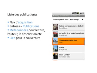 Liste des publications:

 Flux d’acquisition
 Entrées = Publications
 Métadonnées pour le titre,
l’auteur, la description etc.
 Lien pour la couverture
 