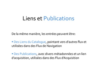 Liens et Publications

De la même manière, les entrées peuvent être:

 Des Liens du Catalogue, pointant vers d'autres flux et
utilisées dans des Flux de Navigation

 Des Publications, avec divers métadonnées et un lien
d'acquisition, utilisées dans des Flux d'Acquisition
 