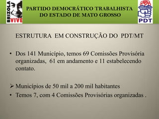 PARTIDO DEMOCRÁTICO TRABALHISTA DO ESTADO DE MATO GROSSOENCENTIVO  A FILIAÇÃO  PARTIDÁRIA 	Gravamos programa de radio e  TV, com a participação de Vereador, Prefeito, Deputado e Senador  para  fortalecer a campanha de filiação de lideranças. 	Que seja implementada uma forma de financiamento para a   JS, através de  cotas  do fundo partidário.    Contribuição Partidária.   