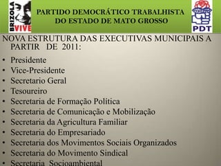  Das reestruturações do PDT no Estado Implementamos as bandeiras históricas, e novas formas democráticas de participação popular. Transformamos os cargos de membros das comissões provisórias em secretarias e isso tem resultado em estímulos aos participantes.