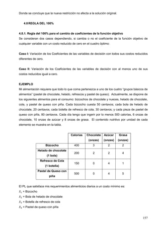 157
Donde se concluye que la nueva restricción no afecta a la solución original.
4.8 REGLA DEL 100%
4.8.1. Regla del 100% para el cambio de coeficientes de la función objetivo
Se consideran dos casos dependiendo, si cambia o no el coeficiente de la función objetivo de
cualquier variable con un costo reducido de cero en el cuadro óptimo:
Caso I: Variación de los Coeficientes de las variables de decisión con todos sus costos reducidos
diferentes de cero.
Caso II: Variación de los Coeficientes de las variables de decisión con al menos uno de sus
costos reducidos igual a cero.
EJEMPLO
Mi alimentación requiere que todo lo que coma pertenezca a uno de los cuatro “grupos básicos de
alimentos” (pastel de chocolate, helado, refrescos y pastel de queso). Actualmente, se dispone de
los siguientes alimentos para el consumo: bizcochos de chocolate y nueces, helado de chocolate,
cola, y pastel de queso con piña. Cada bizcocho cuesta 50 centavos; cada bola de helado de
chocolate, 20 centavos; cada botella de refresco de cola, 30 centavos; y cada pieza de pastel de
queso con piña, 80 centavos. Cada día tengo que ingerir por lo menos 500 calorías, 6 onzas de
chocolate, 10 onzas de azúcar y 8 onzas de grasa. El contenido nutritivo por unidad de cada
elemento se muestra en la tabla.
Calorías Chocolate
(onzas)
Azúcar
(onzas)
Grasa
(onzas)
Bizcocho 400 3 2 2
Helado de chocolate
(1 bola)
200 2 2 4
Refresco de Cola
(1 botella)
150 0 4 1
Pastel de Queso con
piña
500 0 4 5
El PL que satisface mis requerimientos alimenticios diarios a un costo mínimo es:
𝑋1 = Bizcocho
𝑋2 = Bola de helado de chocolate
𝑋3 = Botella de refresco de cola
𝑋4 = Pastel de queso con piña
 