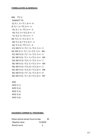 237
FORMULACIÓN ALGEBRAICA
MIN TT( 1)
SUBJECT TO
2]- T( 1, 1) + T( 1, 3) <= - 8
5] T( 1, 1) - TT( 1) <= - 3
10] T( 1, 1) - TT( 1) <= - 3
14]- T( 2, 1) + T( 2, 2) <= - 3
17] T( 2, 1) - TT( 1) <= - 7
26] T( 3, 1) - T( 3, 3) <= - 5
29]- T( 3, 2) + T( 3, 3) <= - 3
32] T( 3, 2) - TT( 1) <= - 4
41]- 500 Y( 1) + T( 1, 1) - T( 2, 1) <= - 3
44] 500 Y( 1) - T( 1, 1) + T( 2, 1) <= 493
47]- 500 Y( 2) + T( 1, 1) - T( 3, 1) <= - 3
50] 500 Y( 2) - T( 1, 1) + T( 3, 1) <= 495
53]- 500 Y( 3) + T( 2, 1) - T( 3, 1) <= - 7
56] 500 Y( 3) - T( 2, 1) + T( 3, 1) <= 495
59]- 500 Y( 4) + T( 2, 2) - T( 3, 2) <= - 3
62] 500 Y( 4) - T( 2, 2) + T( 3, 2) <= 496
65]- 500 Y( 5) + T( 1, 3) - T( 3, 3) <= - 8
68] 500 Y( 5) - T( 1, 3) + T( 3, 3) <= 497
END
INTE Y( 1)
INTE Y( 2)
INTE Y( 3)
INTE Y( 4)
INTE Y( 5)
HACIENDO CORRER EL PROGRAMA:
Global optimal solution found at step: 80
Objective value: 15.00000
Branch count: 2
 