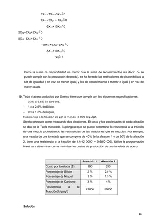 46
3X11 - 7X21+3X31 0
7X11 - 3X21 + 7X31 0
-5X11+10X21 0
2X12–8X22+2X32 0
5X12–5X22+5X32 0
-10X12 +5X22–5X32 0
-5X12+10X22 0
Xij 0
Como la suma de disponibilidad es menor que la suma de requerimientos (es decir, no se
puede cumplir con la producción deseada), se ha forzado las restricciones de disponibilidad a
ser de igualdad ( en vez de menor igual) y las de requerimiento a menor o igual ( en vez de
mayor igual).
10. Todo el acero producido por Steelco tiene que cumplir con las siguientes especificaciones:
 3.2% a 3.5% de carbono,
 1.8 a 2.5% de Silicio,
 0.9 a 1.2% de níquel,
Resistencia a la tracción de por lo menos 45 000 lb/pulg2.
Steelco produce acero mezclando dos aleaciones. El costo y las propiedades de cada aleación
se dan en la Tabla mostrada. Supóngase que se puede determinar la resistencia a la tracción
de una mezcla promediando las resistencias de las aleaciones que se mezclan. Por ejemplo,
una mezcla de una tonelada que se compone de 40% de la aleación 1 y de 60% de la aleación
2, tiene una resistencia a la tracción de 0.4(42 0000) + 0.6(50 000). Utilice la programación
lineal para determinar cómo minimizar los costos de producción de una tonelada de acero.
Aleación 1 Aleación 2
Costo por tonelada ($) 190 200
Porcentaje de Silicio 2 % 2.5 %
Porcentaje de Níquel 1 % 1.5 %
Porcentaje de Carbono 3 % 4 %
Resistencia a la
Tracción(lb/pulg2
)
42000 50000
Solución
 