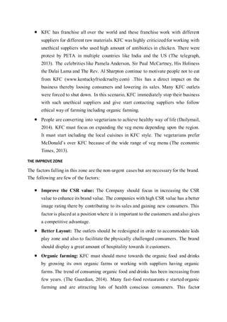  KFC has franchise all over the world and these franchise work with different
suppliers for different raw materials.KFC was highly criticizedfor working with
unethical suppliers who used high amount of antibiotics in chicken. There were
protest by PETA in multiple countries like India and the US (The telegraph,
2013). The celebrities like Pamela Anderson, Sir Paul McCartney, His Holiness
the Dalai Lama and The Rev. Al Sharpton continue to motivate people not to eat
from KFC (www.kentuckyfriedcruelty.com) .This has a direct impact on the
business thereby loosing consumers and lowering its sales. Many KFC outlets
were forced to shut down. In this scenario, KFC immediately stop their business
with such unethical suppliers and give start contacting suppliers who follow
ethical way of farming including organic farming.
 People are converting into vegetarians to achieve healthy way of life (Dailymail,
2014). KFC must focus on expanding the veg menu depending upon the region.
It must start including the local cuisines in KFC style. The vegetarians prefer
McDonald’s over KFC because of the wide range of veg menu (The economic
Times, 2013).
THE IMPROVE ZONE
The factors falling in this zone are the non-urgent cases but are necessaryfor the brand.
The following are few of the factors:
 Improve the CSR value: The Company should focus in increasing the CSR
value to enhance its brand value. The companies with high CSR value has a better
image rating there by contributing to its sales and gaining new consumers. This
factor is placed at a position where it is important to the customers and also gives
a competitive advantage.
 Better Layout: The outlets should be redesigned in order to accommodate kids
play zone and also to facilitate the physically challenged consumers. The brand
should display a great amount of hospitality towards it customers.
 Organic farming: KFC must should move towards the organic food and drinks
by growing its own organic farms or working with suppliers having organic
farms.The trend of consuming organic food and drinks has been increasing from
few years. (The Guardian, 2014). Many fast-food restaurants e started organic
farming and are attracting lots of health conscious consumers. This factor
 