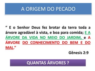 A ORIGEM DO PECADO
“ E o Senhor Deus fez brotar da terra toda a
árvore agradável à vista, e boa para comida; E A
ÁRVORE DA VIDA NO MEIO DO JARDIM, e A
ÁRVORE DO CONHECIMENTO DO BEM E DO
MAL.”
Gênesis 2:9
QUANTAS ÁRVORES ?
 