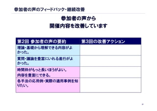 参加者の声のフィードバック・継続改善

           参加者の声から
         開催内容を改善しています

第２回 参加者の声の要約       第３回の改善アクション
理論・基礎から理解できる内容がよ   理論・基礎内容を入れる構成方針を
かった。               継続
質問・議論を豊富にいれる進行がよ   進行方法を継続
かった。
時間枠がもっと長いほうがよい。    開催時間を２時間⇒５時間に延長
内容を豊富にできる。
各手法の応用例・実際の適用事例を知 クラスタリングの実際の適用事例
りたい。              （マーケティングリサーチ、医療）に関
                  するトークを２本構成


                                       27
 