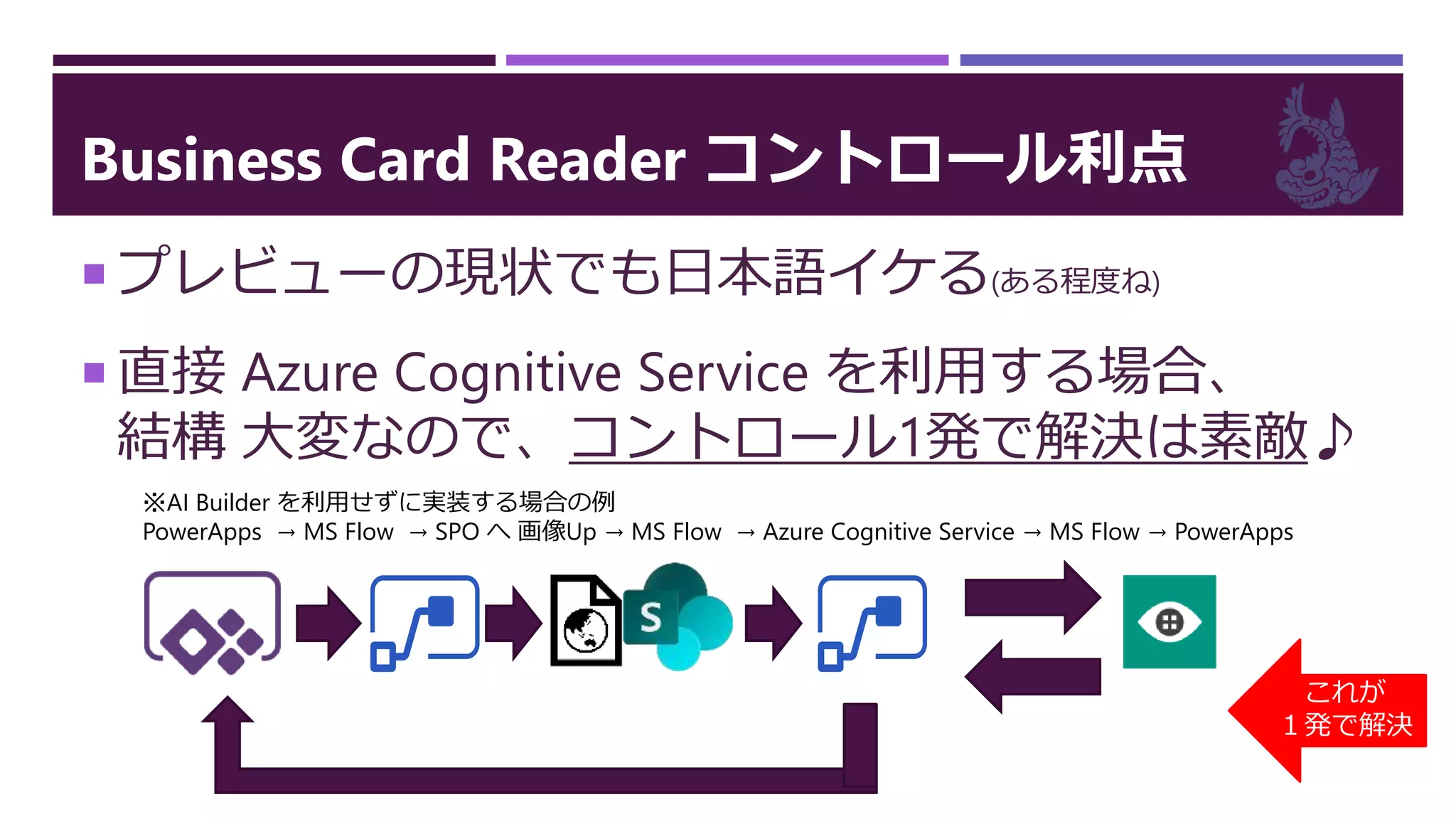 Business Card Reader コントロール利点
 プレビューの現状でも日本語イケる(ある程度ね)
 直接 Azure Cognitive Service を利用する場合、
結構 大変なので、コントロール1発で解決は素敵♪
※AI Builder を利用せずに実装する場合の例
PowerApps → MS Flow → SPO へ 画像Up → MS Flow → Azure Cognitive Service → MS Flow → PowerApps
これが
１発で解決
 