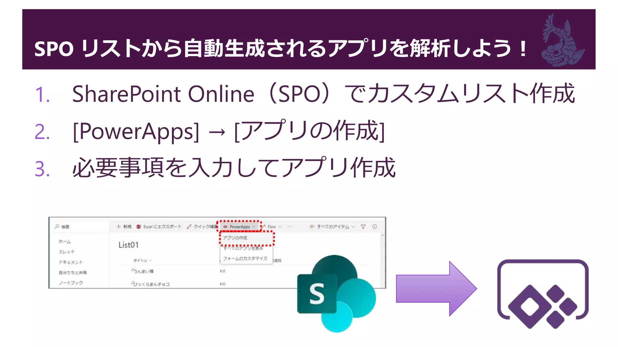 SPO リストから自動生成されるアプリを解析しよう！
1. SharePoint Online（SPO）でカスタムリスト作成
2. [PowerApps] → [アプリの作成]
3. 必要事項を入力してアプリ作成
 