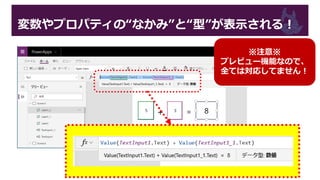 変数やプロパティの“なかみ”と“型”が表示される！
※注意※
プレビュー機能なので、
全ては対応してません！
 