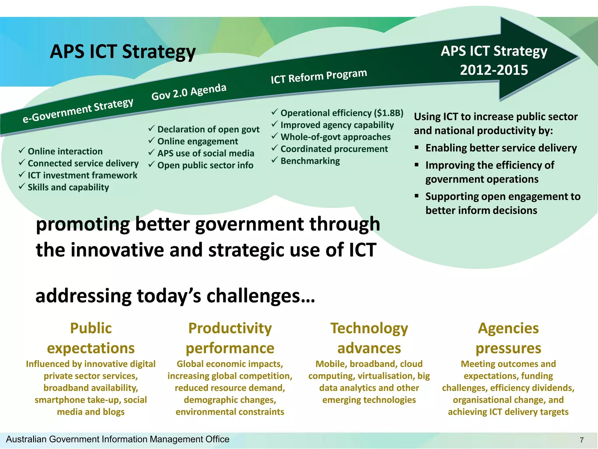 APS ICT Strategy

 Declaration of open govt
 Online engagement
 Online interaction
 APS use of social media
 Connected service delivery  Open public sector info
 ICT investment framework
 Skills and capability

APS ICT Strategy
2012-2015
 Operational efficiency ($1.8B)
 Improved agency capability
 Whole-of-govt approaches
 Coordinated procurement
 Benchmarking

promoting better government through
the innovative and strategic use of ICT

Using ICT to increase public sector
and national productivity by:
 Enabling better service delivery
 Improving the efficiency of
government operations
 Supporting open engagement to
better inform decisions

addressing today’s challenges…
Public
expectations

Productivity
performance

Technology
advances

Agencies
pressures

Influenced by innovative digital
private sector services,
broadband availability,
smartphone take-up, social
media and blogs

Global economic impacts,
increasing global competition,
reduced resource demand,
demographic changes,
environmental constraints

Mobile, broadband, cloud
computing, virtualisation, big
data analytics and other
emerging technologies

Meeting outcomes and
expectations, funding
challenges, efficiency dividends,
organisational change, and
achieving ICT delivery targets

Australian Government Information Management Office

7

 