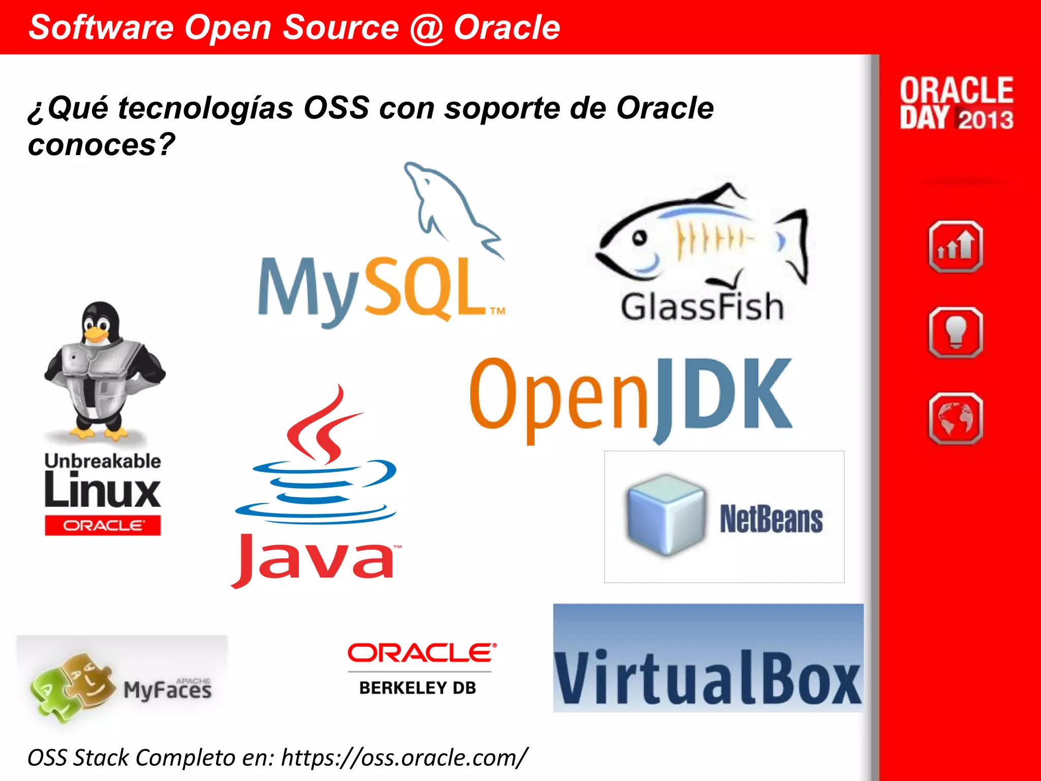 Software Open Source @ Oracle
¿Qué tecnologías OSS con soporte de Oracle
conoces?
OSS Stack Completo en: https://oss.oracle.com/
 