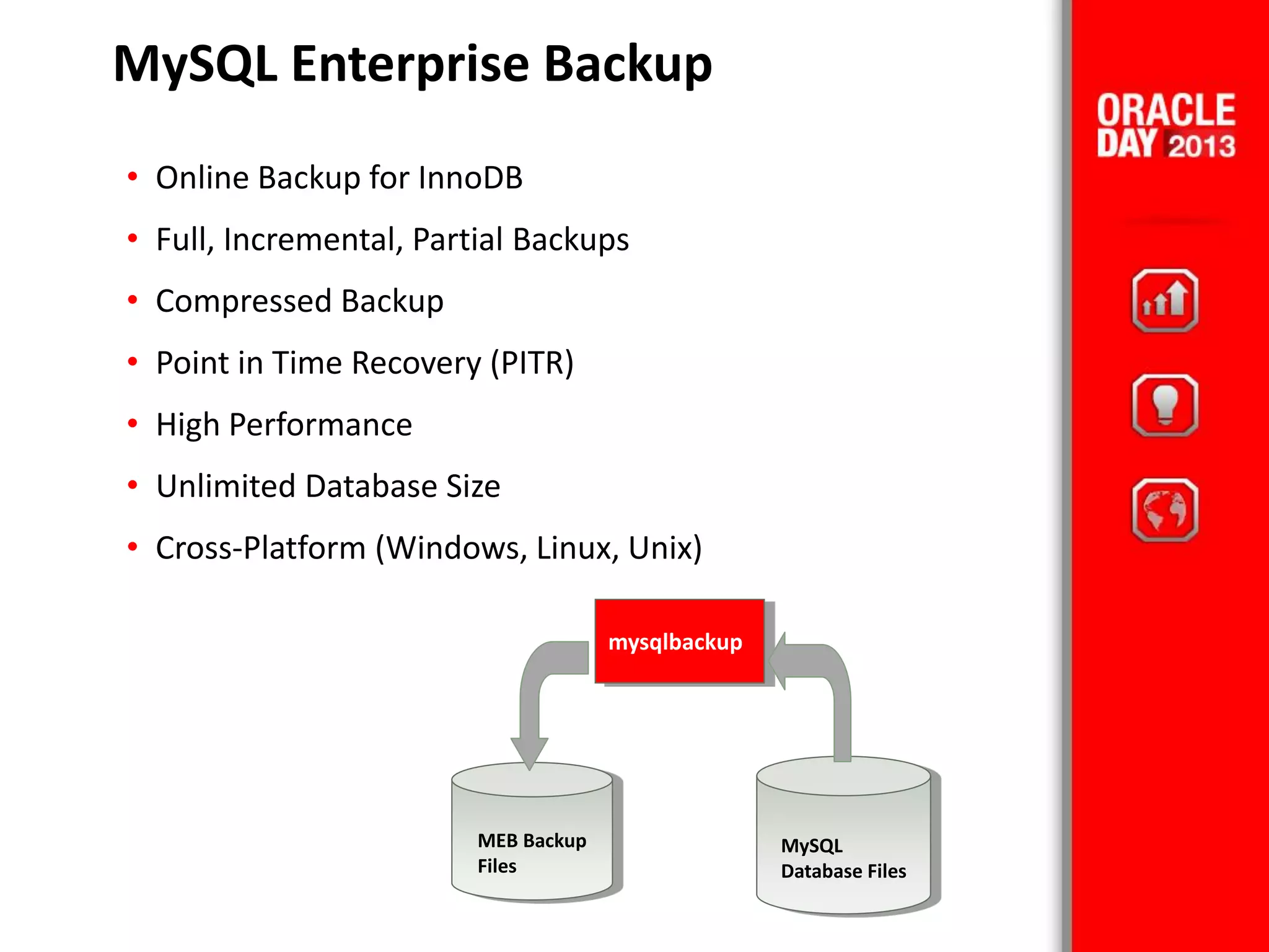 MySQL Enterprise Backup
• Online Backup for InnoDB
• Full, Incremental, Partial Backups
• Compressed Backup
• Point in Time Recovery (PITR)
• High Performance
• Unlimited Database Size
• Cross-Platform (Windows, Linux, Unix)
MEB Backup
Files
MySQL
Database Files
mysqlbackup
 