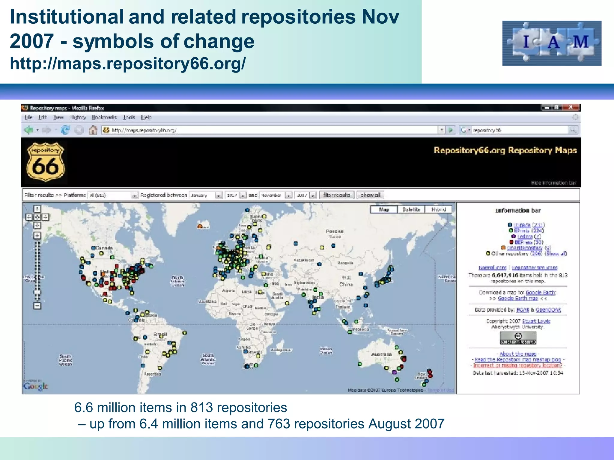 Institutional and related repositories Nov 2007 - symbols of change  http://maps.repository66.org/ 6.6 million items in 813 repositories –  up from 6.4 million items and 763 repositories August 2007 