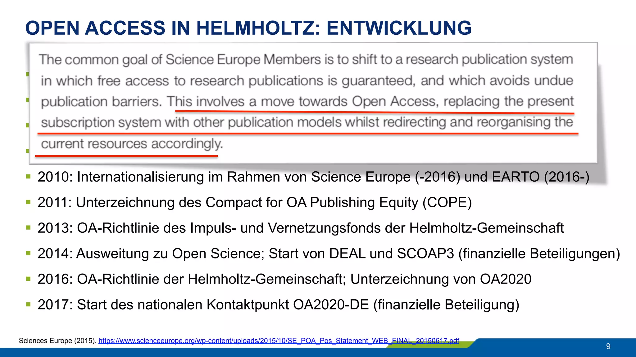 OPEN ACCESS IN HELMHOLTZ: ENTWICKLUNG
9
§  2003: Unterzeichnung der „Berliner Erklärung“
§  2004: Beschluss zur Umsetzung der „Berliner Erklärung“ der Mitgliederversammlung
§  2006: Gründung des Helmholtz Open Access Koordinationsbüros
§  2008: Start der Schwerpunktinitiative „Digitale Information“ der Allianz
§  2010: Internationalisierung im Rahmen von Science Europe (-2016) und EARTO (2016-)
§  2011: Unterzeichnung des Compact for OA Publishing Equity (COPE)
§  2013: OA-Richtlinie des Impuls- und Vernetzungsfonds der Helmholtz-Gemeinschaft
§  2014: Ausweitung zu Open Science; Start von DEAL und SCOAP3 (finanzielle Beteiligungen)
§  2016: OA-Richtlinie der Helmholtz-Gemeinschaft; Unterzeichnung von OA2020
§  2017: Start des nationalen Kontaktpunkt OA2020-DE (finanzielle Beteiligung)
Sciences Europe (2015). https://www.scienceeurope.org/wp-content/uploads/2015/10/SE_POA_Pos_Statement_WEB_FINAL_20150617.pdf
 