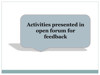 Activities presented in
   open forum for
       feedback
 