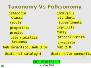 Taxonomy Vs Folksonomy  categorie individui classi attributi regole suggerimenti progettata implicita precisa fuzzy deterministica probabilistica faticosa immediata Web 2.0 Web semantico, Web 3.0? Usata nelle community Usata nei cataloghi CHI VINCERA' ? 