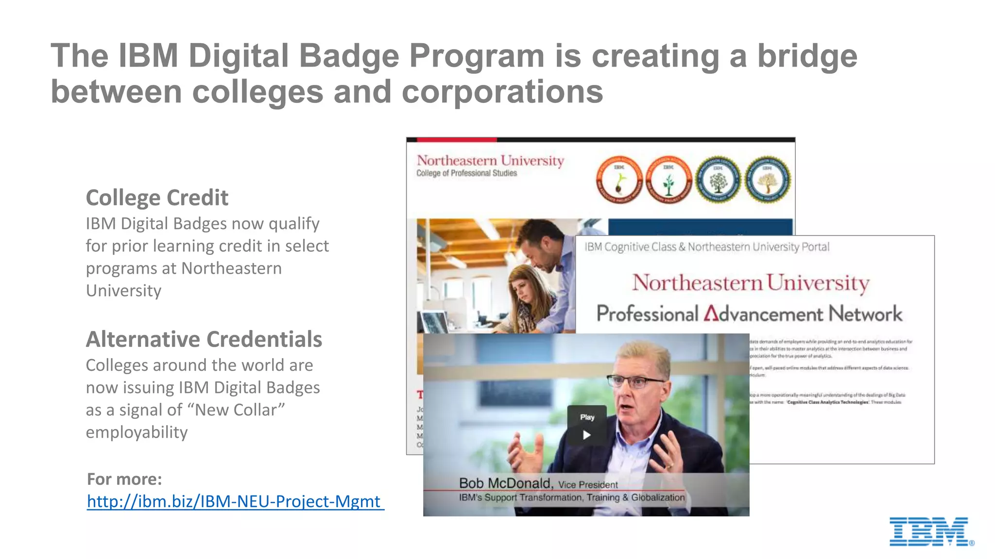 IBM’s digital
credential
strategy is
influencing
public policy
US Department of Labor, US Department of Education, US Chamber of Commerce have incorporated
IBM’s strategy into their policy discussions.
 