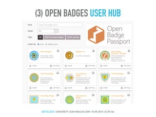 (3) OPEN BADGES USER HUB
#ECTEL2016 | UNIVERSITY JEAN MOULIN LYON | 16-09-2016 | CC BY-SA
 