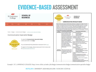 EVIDENCE-BASED ASSESSMENT
#ECTEL2016 | UNIVERSITY JEAN MOULIN LYON | 16-09-2016 | CC BY-SA
Example / ST. LAWRENCE COLLEGE: http://www.slcbiz.ca/index.cfm/badges/communication-badges/communication-specialist-badge/
 