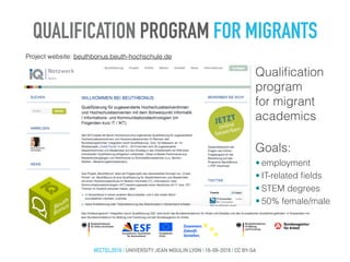 Project website: beuthbonus.beuth-hochschule.de
• employment
• IT-related ﬁelds
• STEM degrees
• 50% female/male
Qualiﬁcation
program
for migrant
academics
Goals:
QUALIFICATION PROGRAM FOR MIGRANTS
#ECTEL2016 | UNIVERSITY JEAN MOULIN LYON | 16-09-2016 | CC BY-SA
 