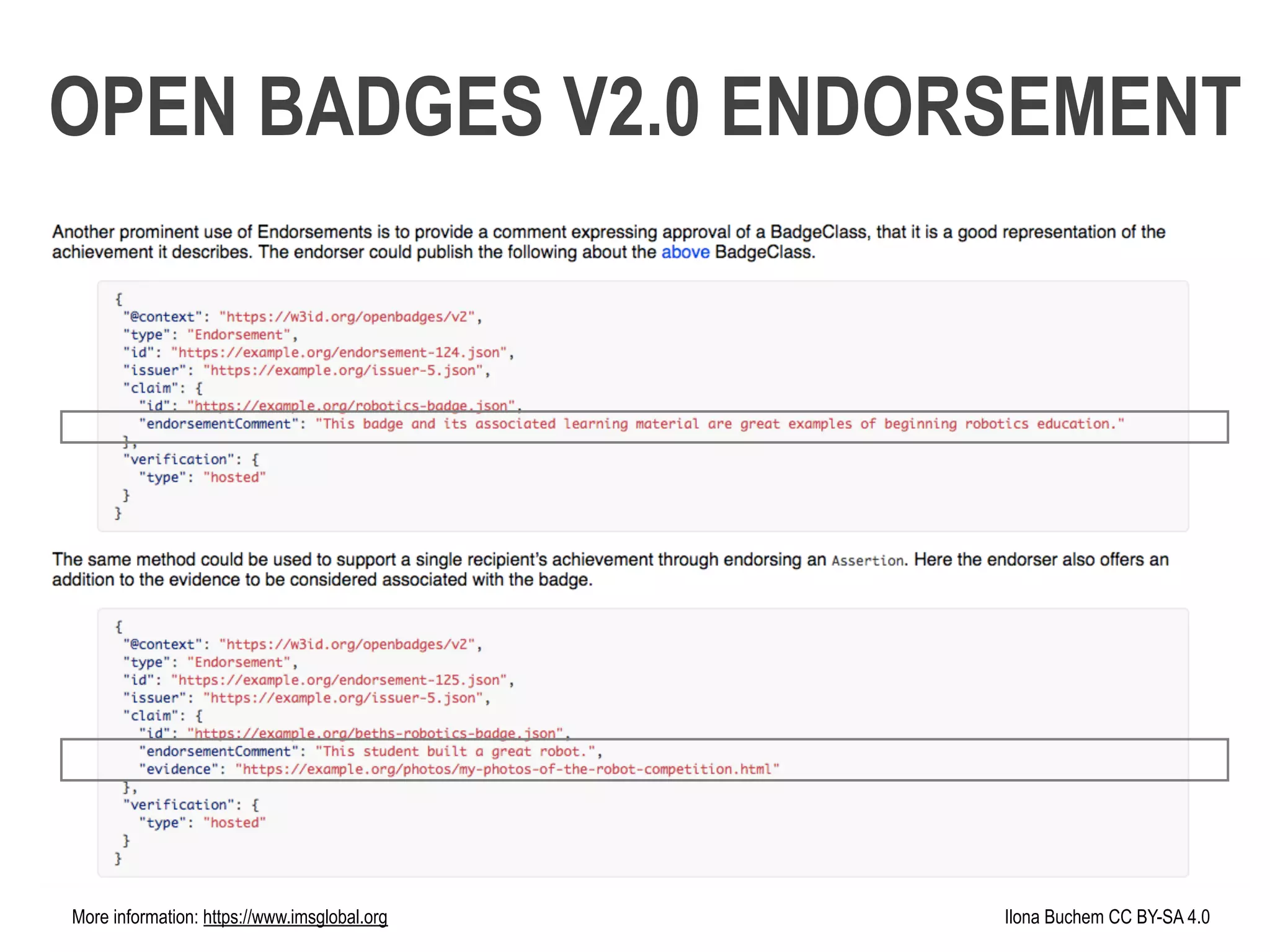 Ilona Buchem CC BY-SA 4.0More information: https://www.imsglobal.org
OPEN BADGES V2.0 ENDORSEMENT
 