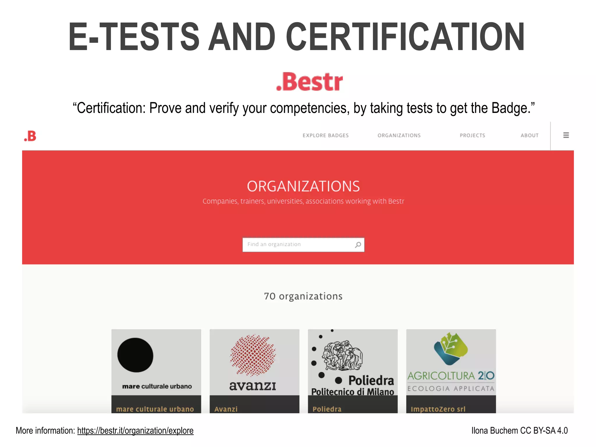 Ilona Buchem CC BY-SA 4.0More information: https://bestr.it/organization/explore
E-TESTS AND CERTIFICATION
“Certification: Prove and verify your competencies, by taking tests to get the Badge.”
 