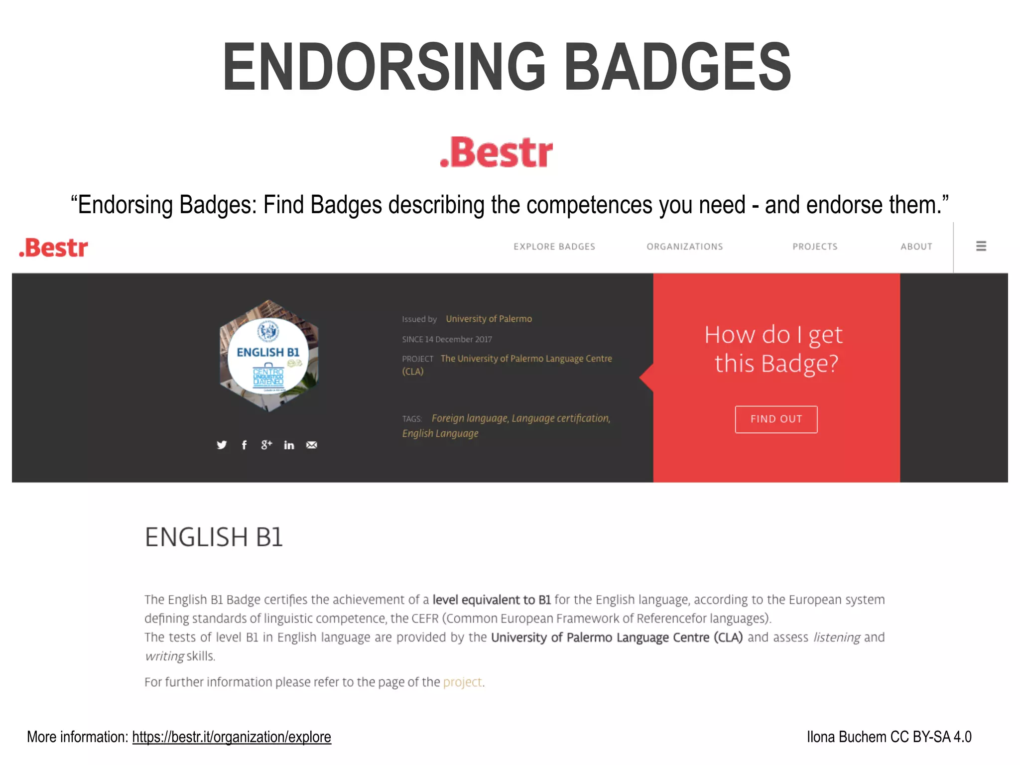 Ilona Buchem CC BY-SA 4.0
ENDORSING BADGES
“Endorsing Badges: Find Badges describing the competences you need - and endorse them.”
More information: https://bestr.it/organization/explore
 