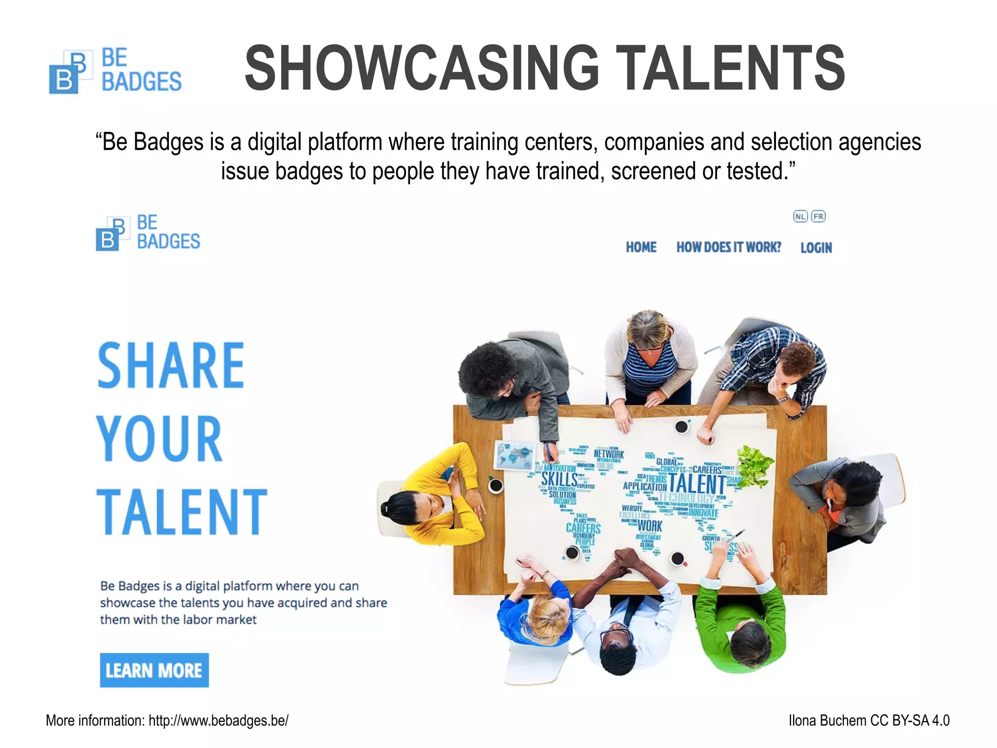 More information: http://www.bebadges.be/ Ilona Buchem CC BY-SA 4.0
“Be Badges is a digital platform where training centers, companies and selection agencies
issue badges to people they have trained, screened or tested.”
SHOWCASING TALENTS
 