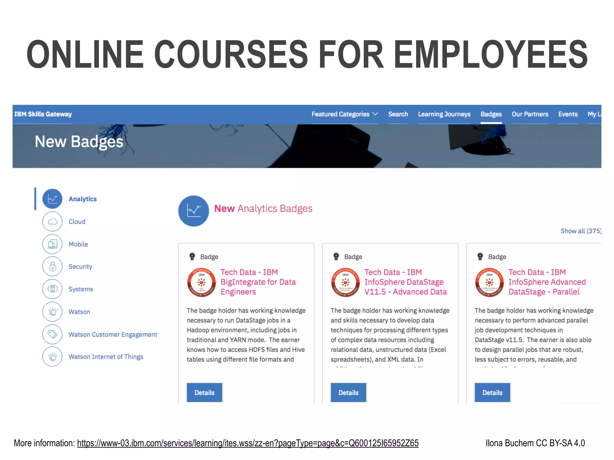 More information: https://www-03.ibm.com/services/learning/ites.wss/zz-en?pageType=page&c=Q600125I65952Z65 Ilona Buchem CC BY-SA 4.0
ONLINE COURSES FOR EMPLOYEES
 