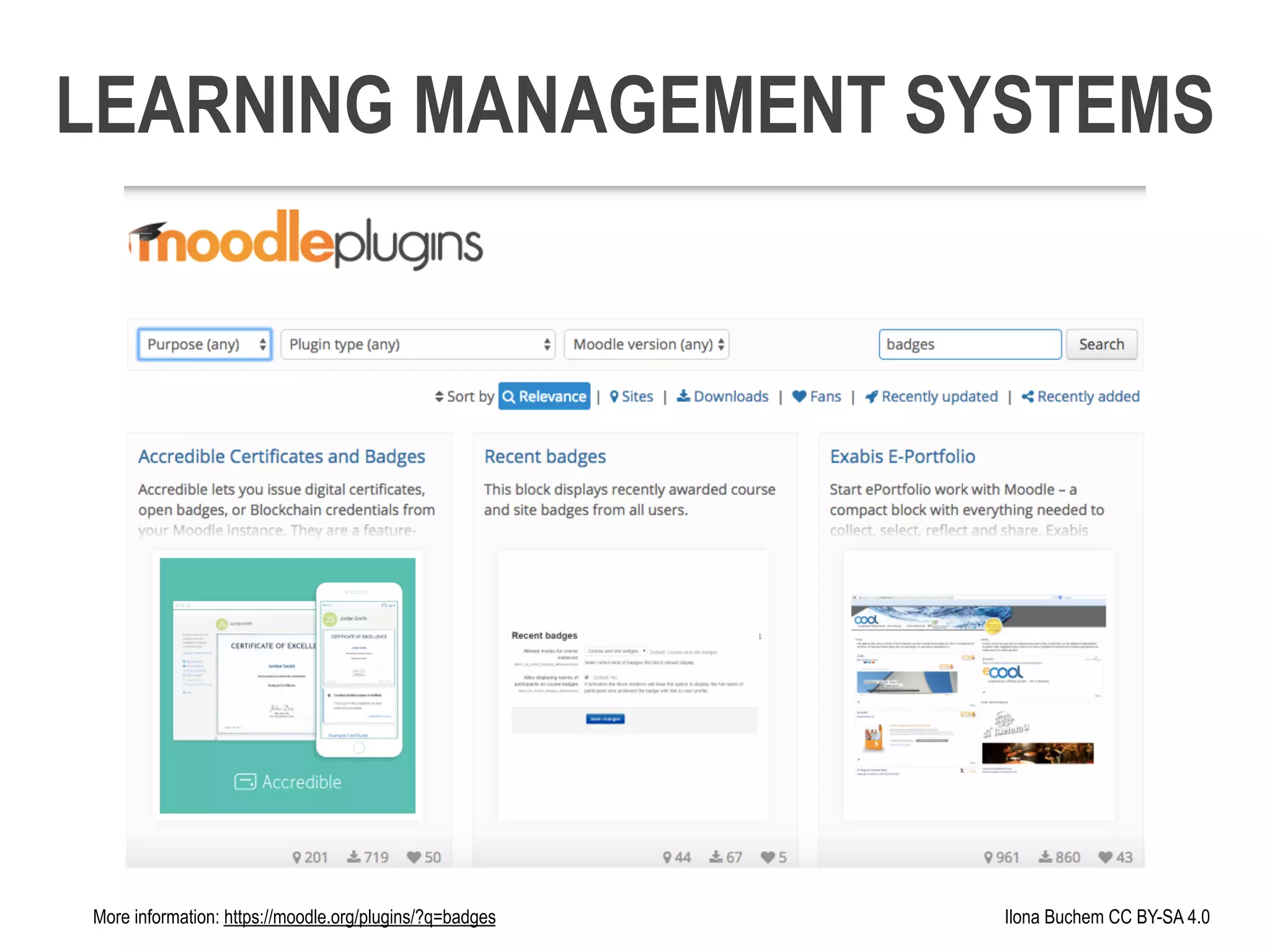 More information: https://moodle.org/plugins/?q=badges Ilona Buchem CC BY-SA 4.0
LEARNING MANAGEMENT SYSTEMS
 