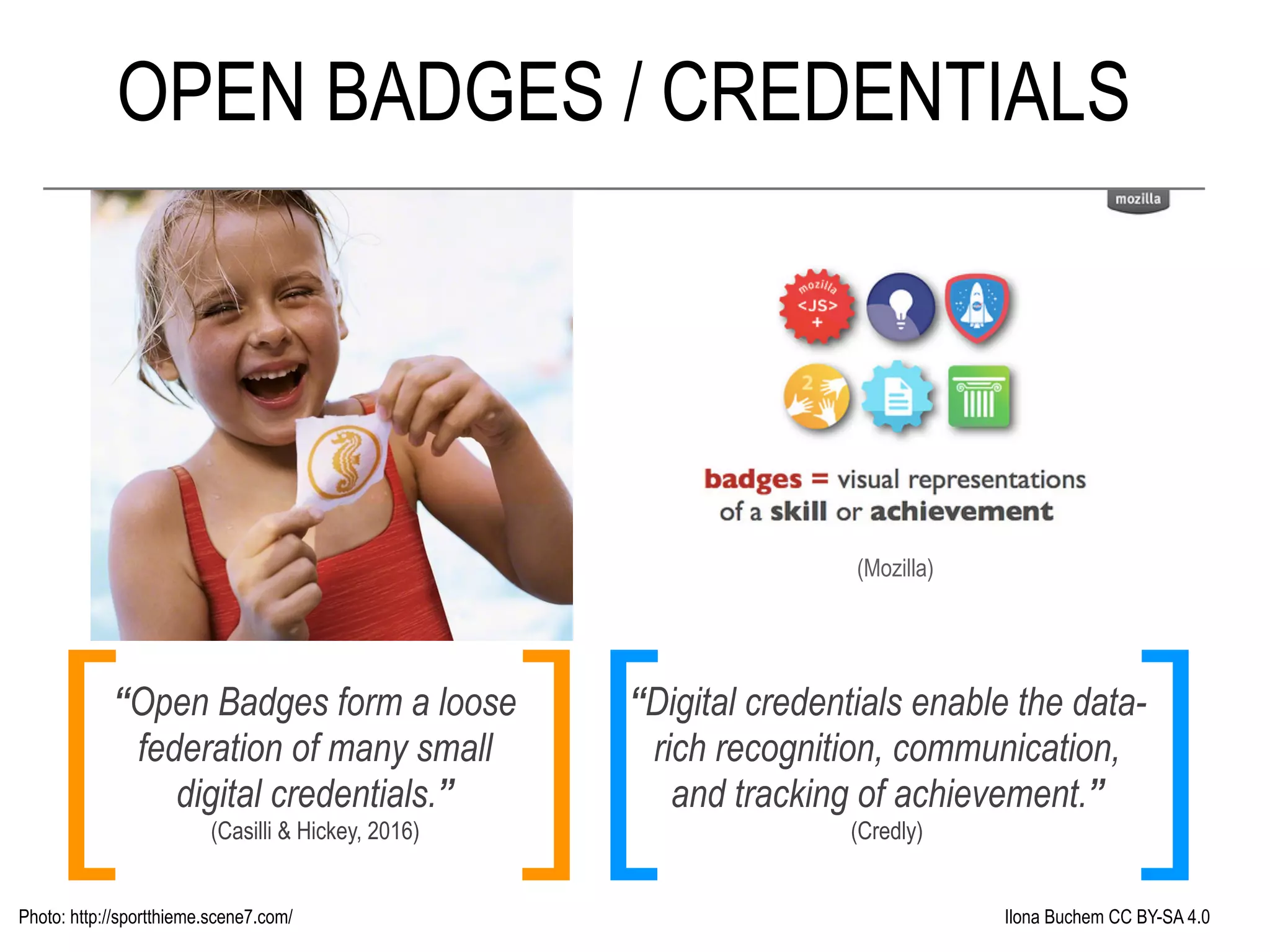 OPEN BADGES / CREDENTIALS
Ilona Buchem CC BY-SA 4.0Photo: http://sportthieme.scene7.com/
“Open Badges form a loose
federation of many small
digital credentials.”
(Casilli & Hickey, 2016)
(Mozilla)
[ ]“Digital credentials enable the data-
rich recognition, communication,
and tracking of achievement.”
(Credly)[ ]
 