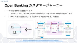 25
• TPP/ASPSP間の連携プロセス
– TPP側のアプリ/ブラウザから開始〜ASPSP側でのユーザー認証〜TPP側での連携完了まで
• 「TPPに共通の認証方式」と「各サービス固有の要素」を整理
Open Banking カスタマージャーニー
Source: https://standards.openbanking.org.uk/customer-experience-guidelines/introduction/customer-journey /latest/,
https://standards.openbanking.org.uk/customer-experience-guidelines/authentication-methods/redirection/browser-based-redirection-pis/latest/
 