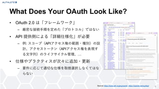 8
• OAuth 2.0 は「フレームワーク」
– 厳密な接続手順を定めた「プロトコル」ではない
• API 提供側による「詳細仕様化」が必要
– 例: スコープ（APIアクセス権の範囲・種別）の設
計、アクセストークン（APIアクセス権を表現す
る文字列）のライフサイクル管理、…
• 仕様やプラクティスが次々に追加・更新
– 要件に応じて適切な仕様を取捨選択しなくてはな
らない
What Does Your OAuth Look Like?
Source: https://tools.ietf.org/wg/oauth/, https://openid.net/wg/fapi/
 