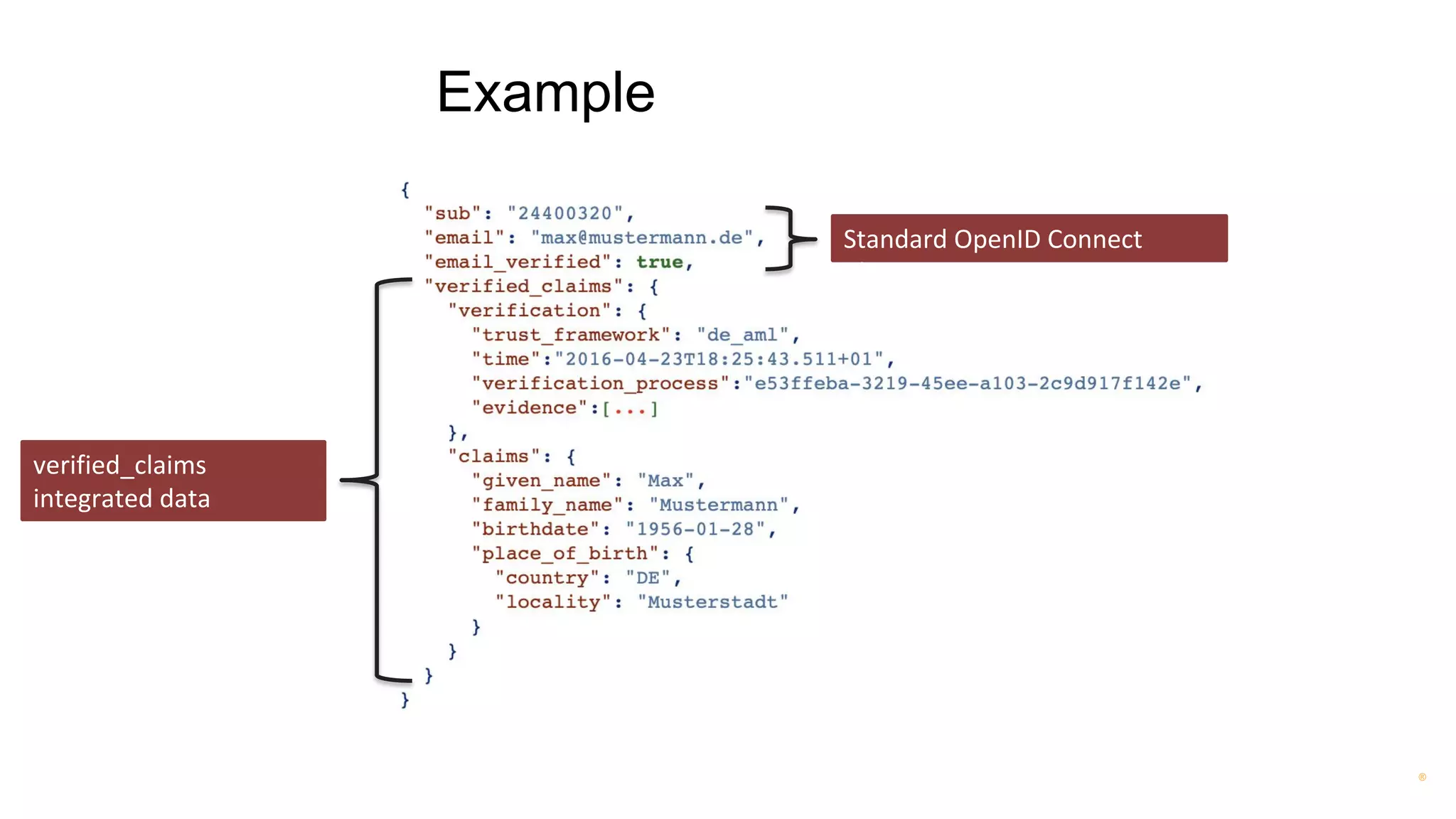 ®
Example
Standard OpenID Connect
Claims
verified_claims
integrated data
structure
 