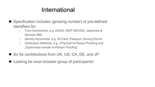 ®
International
● Specification includes (growing number) of pre-defined
identifiers for
○ Trust frameworks, e.g. eIDAS, NIST 800-63A, Japanese &
German AML
○ Identity documents, e.g. ID Card, Passport, Driving Permit
○ Verification Methods, e.g. „Physical In-Person Proofing and
„Supervised remote In-Person Proofing“
● So far contributions from UK, US, CA, DE, and JP
● Looking for even broader group of participants!
 