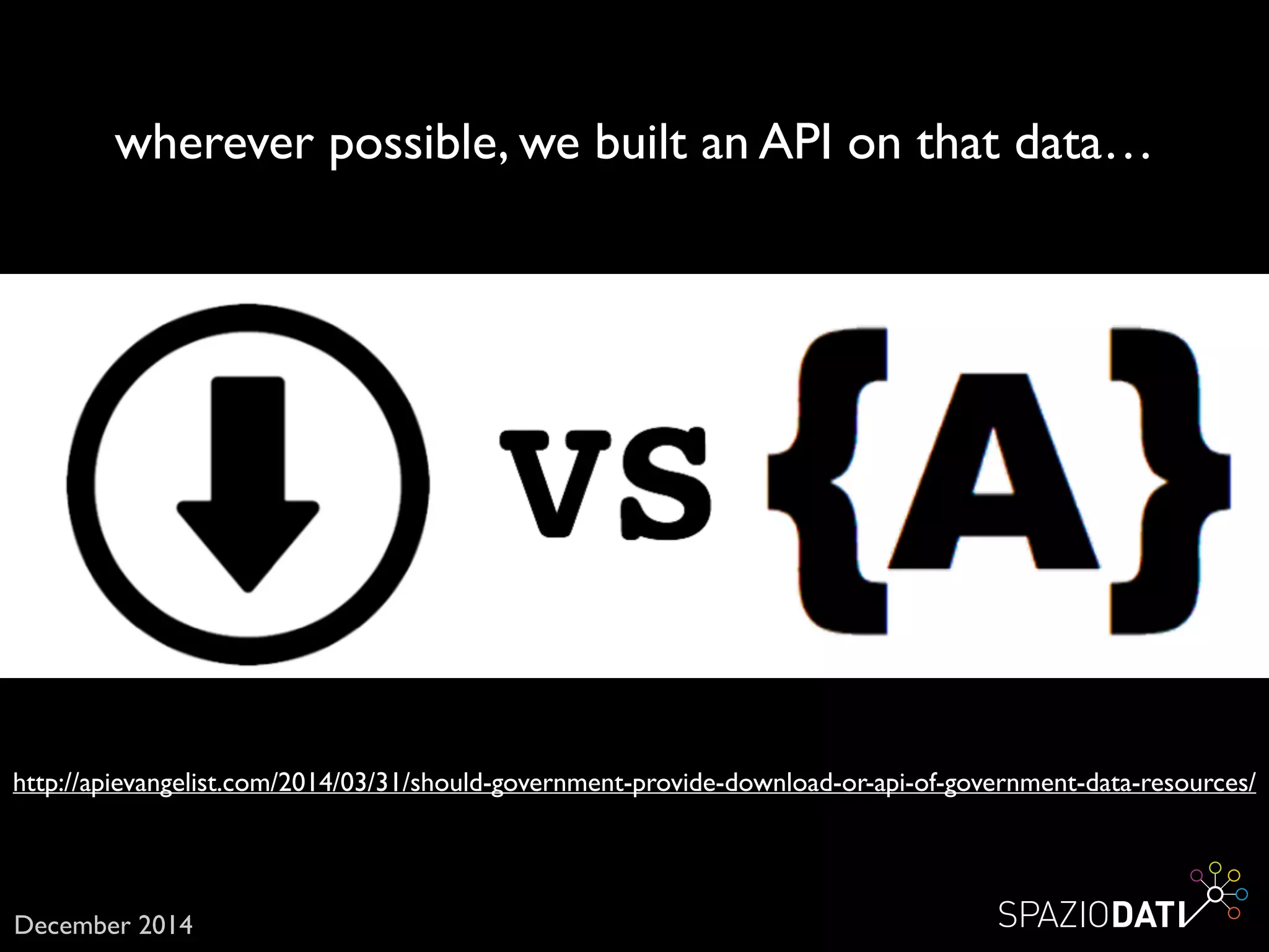 wherever possible, we built an API on that data…
http://apievangelist.com/2014/03/31/should-government-provide-download-or-api-of-government-data-resources/
December 2014
 