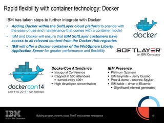 Rapid flexibility with container technology: Docker 
IBM has taken steps to further integrate with Docker 
• Adding Docker within the SoftLayer cloud platform to provide with 
the ease of use and maintenance that comes with a container model 
• IBM and Docker will ensure that IBM SoftLayer customers have 
access to all relevant content from the Docker Hub registries 
• IBM will offer a Docker container of the WebSphere Liberty 
Application Server for greater performance and flexibility 
© 2014 IBM Corporation 
DockerCon Attendance 
§ Inaugural Conference 
§ Capped at 500 attendees 
§ turned away 400+ 
§ High developer concentration 
IBM Presence 
§ Platinum Sponsor 
§ IBM keynote – Jerry Cuomo 
§ Prez & demo - Andrew Spyker 
§ IBM table – drive to Bluemix 
§ Significant interest generated 
Building an open, dynamic cloud: The IT and business renaissance 16 
 