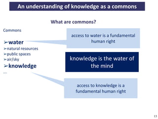An understanding of knowledge as a commons

                              What are commons?
Commons
                                            access to water is a fundamental
➢water                                                human right
➢natural resources
➢public spaces
➢air/sky                                   knowledge is the water of
➢knowledge                                        the mind
….


                                                access to knowledge is a
                                               fundamental human right




A commons-based foundation of open access and other open models – Open Data Cologne 14.12.2010   13
 
