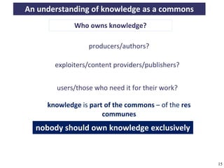 An understanding of knowledge as a commons
                               Who owns knowledge?

                                      producers/authors?

                      exploiters/content providers/publishers?


                       users/those who need it for their work?

                  knowledge is part of the commons – of the res
                                   communes
             nobody should own knowledge exclusively



A commons-based foundation of open access and other open models – Open Data Cologne 14.12.2010   15
 