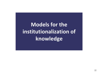Models for the
                     institutionalization of
                           knowledge




A commons-based foundation of open access and other open models – Open Data Cologne 14.12.2010   22
 