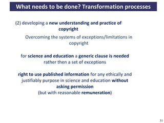 What needs to be done? Transformation processes

      (2) developing a new understanding and practice of
                           copyright
            Overcoming the systems of exceptions/limitations in
                                copyright

          for science and education a generic clause is needed
                      rather then a set of exceptions

        right to use published information for any ethically and
          justifiably purpose in science and education without
                            asking permission
                   (but with reasonable remuneration)




A commons-based foundation of open access and other open models – Open Data Cologne 14.12.2010   31
 