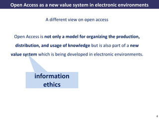 Open Access as a new value system in electronic environments

                          A different view on open access


              Open Access is not only a model for organizing the
    production, distribution, and usage of knowledge but is also part
       of a new value system which is being developed in electronic
                                      environments.

                   information
                      ethics



A commons-based foundation of open access and other open models – Open Data Cologne 14.12.2010   4
 