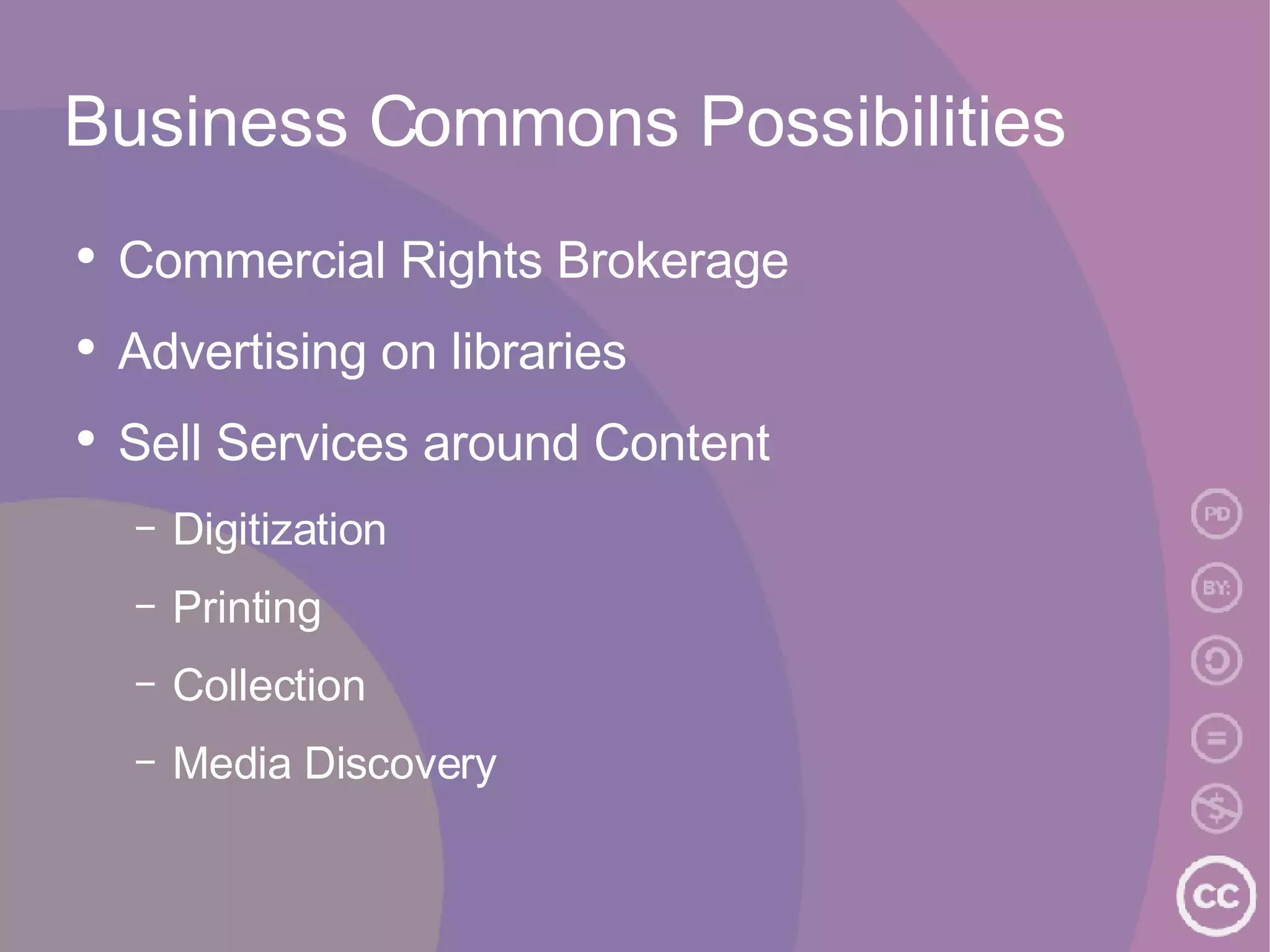 Business Commons Possibilities Commercial Rights Brokerage Advertising on libraries Sell Services around Content Digitization Printing Collection Media Discovery 