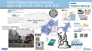 © Auto-ID Lab Korea / KAIST
Slide 25
ONS (Object Naming Service)
GS1 사물인터넷 서비스 검색 표준
Object Name Service
(ONS)
manual
html
epcis
…
부산 투어 버스(GIAI)
부산역 투어 버스 정류장 (SGLN)
투어 버스 운전사 (GSRN)
 