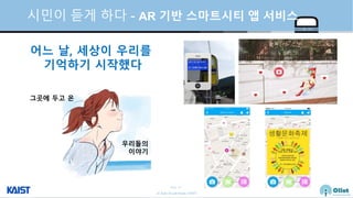 © Auto-ID Lab Korea / KAIST
Slide 35
시민이 듣게 하다 - AR 기반 스마트시티 앱 서비스
어느 날, 세상이 우리를
기억하기 시작했다
그곳에 두고 온
우리들의
이야기
 