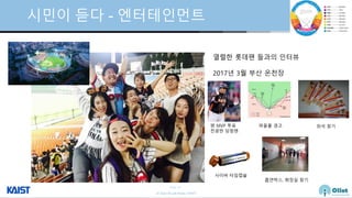 © Auto-ID Lab Korea / KAIST
Slide 38
시민이 듣다 - 엔터테인먼트
열렬한 롯데팬 들과의 인터뷰
2017년 3월 부산 온천장
팬 MVP 투표
전광판 당첨팬
파울볼 경고 좌석 찾기
사이버 타임캡슐
흡연박스, 화장실 찾기
 