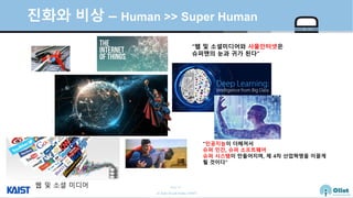 © Auto-ID Lab Korea / KAIST
Slide 47
진화와 비상 – Human >> Super Human
“웹 및 소셜미디어와 사물인터넷은
슈퍼맨의 눈과 귀가 된다”
웹 및 소셜 미디어
“인공지능이 더해져서
슈퍼 인간, 슈퍼 소프트웨어
슈퍼 시스템이 만들어지며, 제 4차 산업혁명을 이끌게
될 것이다”
 