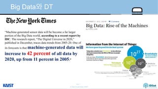 © Auto-ID Lab Korea / KAIST
Slide 7
Big Data와 DT
“Machine-generated sensor data will be become a far larger
portion of the Big Data world, according to a recent report by
IDC. The research report, “The Digital Universe in 2020,”
published in December, traces data trends from 2005-20. One of
its forecasts is that machine-generated data will
increase to 42 percent of all data by
2020, up from 11 percent in 2005.”
 